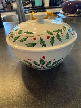 Lenox White Holiday Holly Covered Serving Bowl with Green and Red Accents